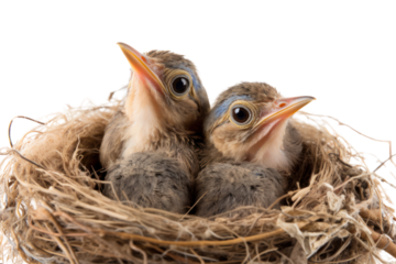 A baby bird with a slightly oversized beak, surrounded by its soft, feathered siblings in a nest, isolated on a white background
