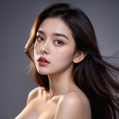 Beauty portrait of a beautiful young woman with glowing skin. Beautiful real face, beauty image.輝く肌を持つ美しい若い女性のビューティーポートレート。美しい素顔、美容イメージ。