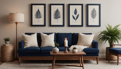 A modern living room with a dark blue sofa against a soft colour wall featuring vertical poster frames in wooden frame borders 3d illustration template.