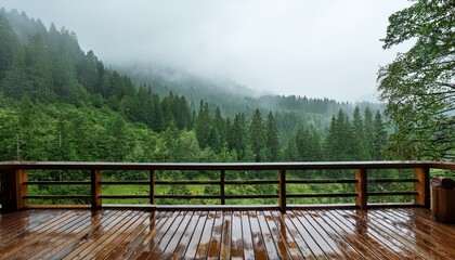 Fototapeta premium Nature's Embrace: Wooden Balcony and the Refreshing Forest Rain