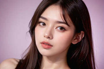 Fototapeta premium Beauty portrait of a beautiful young woman with glowing skin. Beautiful real face, beauty image.輝く肌を持つ美しい若い女性のビューティーポートレート。美しい素顔、美容イメージ。