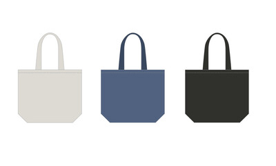 Set of vector drawings canvas tote bag white, blue, black colors, isolate on white background. Template of simple sketches of tote bag made of natural materials for eco-friendly shopping.