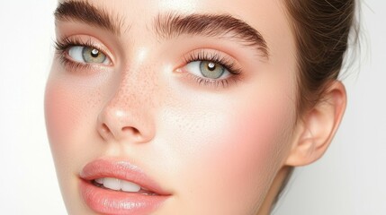 Fototapeta premium makeup highlighter subtle concept, A close-up portrait of a woman with youthful skin, defined brows, and radiant green eyes, highlighting natural beauty and minimal makeup.