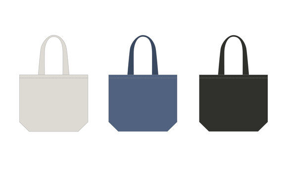 Set of vector drawings canvas tote bag white, blue, black colors, isolate on white background. Template of simple sketches of tote bag made of natural materials for eco-friendly shopping.