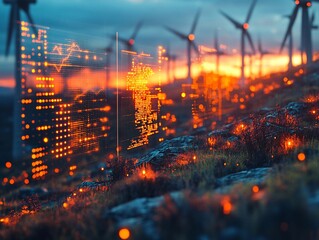 A futuristic landscape featuring wind turbines at sunset, with glowing data visualizations overlaying a natural setting.