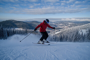 Skier is jumping over groomed slope