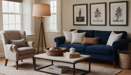 Fototapeta premium A modern living room with a dark blue sofa against a soft colour wall featuring vertical poster frames in wooden frame borders 3d illustration template.