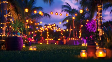 Obraz premium ライトで飾られた芝生のイベントエリア