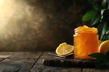 food photography, a jar of lemon jam on a rustic table with a ripe lemon and spoon, creating a cozy kitchen scene with space for text