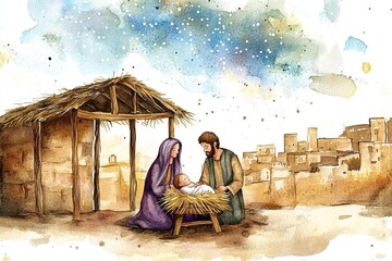 Fototapeta premium Watercolor illustration of baby Jesus in a manger, with Mary and Joseph by his side. A softly blurred Bethlehem and glowing star highlight the scene, with space below for a Christmas message.