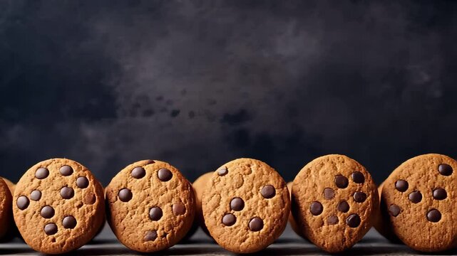 Row of delicious chocolate chip cookies on dark background with copyspace