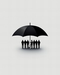 Silhouettes of a group of people standing together under a large black umbrella. The image symbolizes protection, teamwork, security, unity, and support
