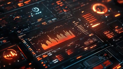 Obraz premium Dark background with glowing line graphs, bar charts, and financial icons, representing market trends