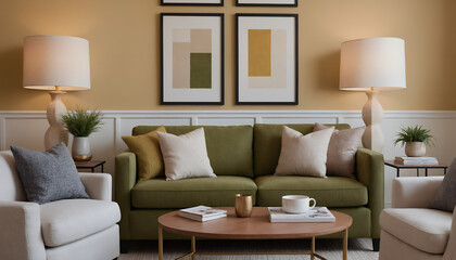 A modern living room with a olive green colour sofa against a soft colour wall featuring vertical poster frames in wooden frame borders 3d illustration template image.