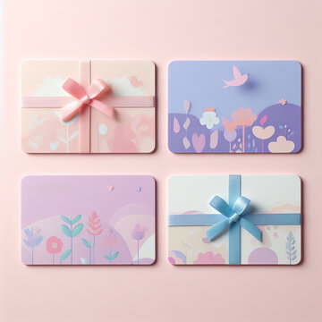 Four vibrant gift cards featuring floral patterns and pastel-colored bows arranged on a soft pink surface.