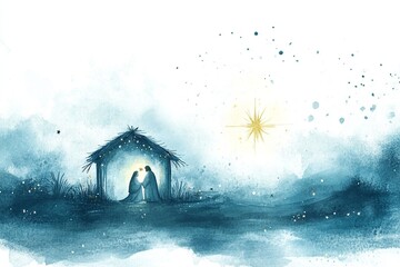 Watercolor illustration of baby Jesus in a manger, with Mary and Joseph by his side. A softly blurred Bethlehem and glowing star highlight the scene, with space below for a Christmas message.