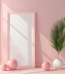 Fototapeta premium Pink and White Minimalist Mockup with Palm Leaf