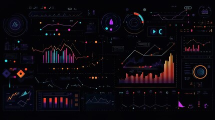 Dark background with glowing line graphs, bar charts, and financial icons, representing market trends