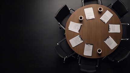 Overhead view of a modern conference table with neatly arranged documents, cups of coffee, and surrounding black office chairs, symbolizing meetings, collaboration, and decision-making