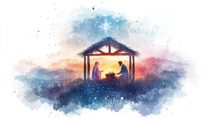 Watercolor illustration of baby Jesus in a manger, with Mary and Joseph by his side. A softly blurred Bethlehem and glowing star highlight the scene, with space below for a Christmas message.