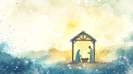 Watercolor illustration of baby Jesus in a manger, with Mary and Joseph by his side. A softly blurred Bethlehem and glowing star highlight the scene, with space below for a Christmas message.