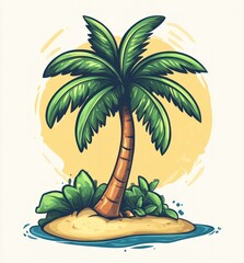 Fototapeta premium Cartoon palm tree on a small island in the ocean.