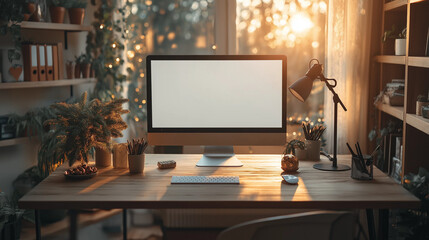 A cozy, minimalist workspace with a warm, inviting interior in soft, earthy tones like beige