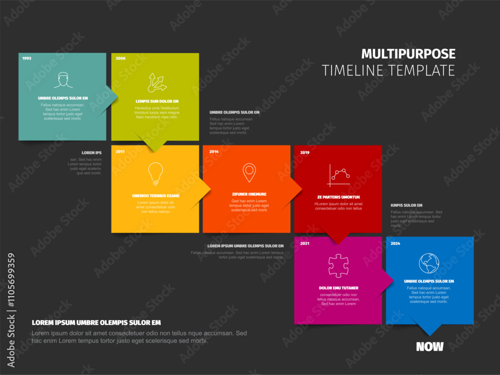 Poster multipurpose square blocks time line template with sample text content and icons on dark gray backgr