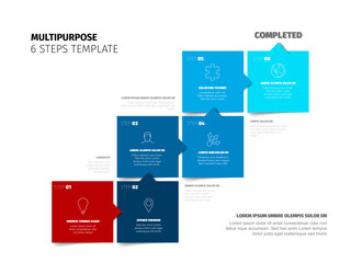 Multipurpose infographic with six blue square color block steps on white background. Simple infochart for your guide instructions