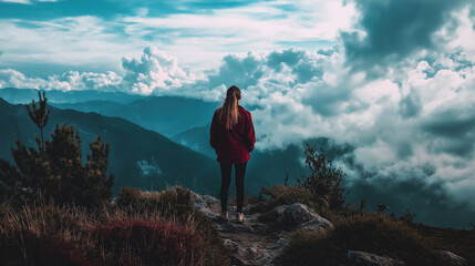 Obraz premium Adventure unfolds as a lone traveler gazes over expansive mountain vistas, surrounded by billowing clouds and vibrant wilderness.