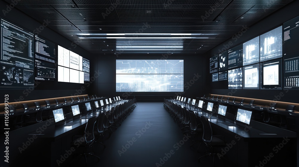 Poster a multi-screen presentation setup in a large conference hall, allowing different content to be displ