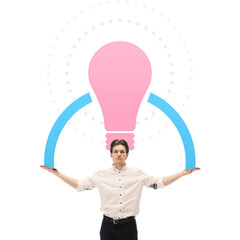 Innovation. Young businessman with pink light bulb, symbolizing innovation and creative thinking in business strategy. Conceptual art collage. Concept of business, core value, achievement