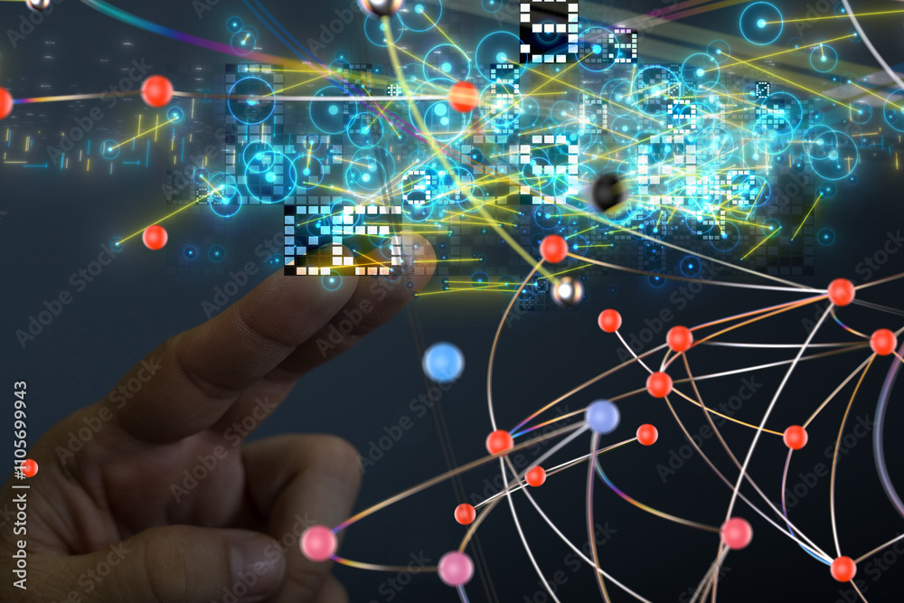 Poster Neural network 3D illustration. Big data and cybersecurity - 3d