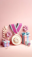 A floral medal sits with colorful gift boxes and paper flowers on a pastel pink backdrop.