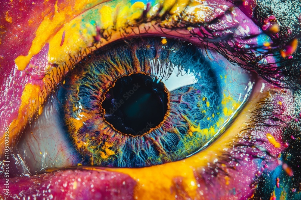 Poster a captivating depiction of a human eye covered with energetic paint splashes, displaying a multitude