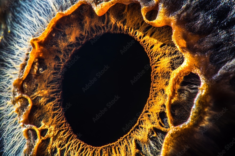 Poster a captivating macro photograph of an eye highlighting detailed golden brown iris structures, portray