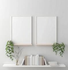 Two blank frames mockup on white wall with shelf and decorative plants