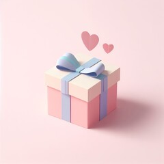 Obraz premium A vibrant gift box with a ribbon sits on a light pink surface, surrounded by floating hearts, suggesting celebration.