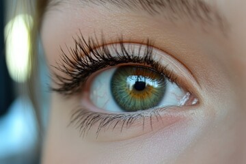 Obraz premium A crystal-clear eye with an intricate pattern in the iris and bold lashes, capturing the essence of clarity, observation, and insightful human perception.