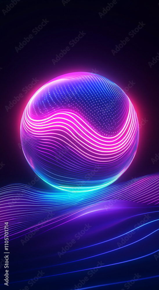 Poster Vibrant neon sphere with flowing patterns in a dark futuristic setting
