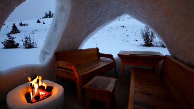Cozy igloo interior with fireplace and snow outside, warm wooden furnishings. Seamless looping time-lapse video background