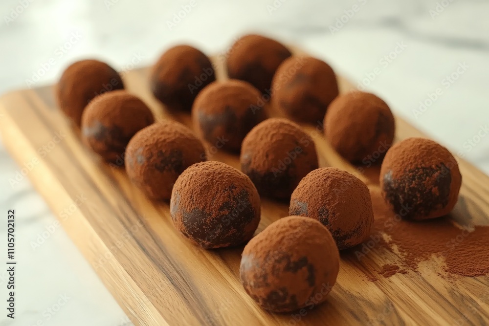 Poster rows of handmade chocolate truffles sit elegantly on a light wooden board, richly covered with cocoa
