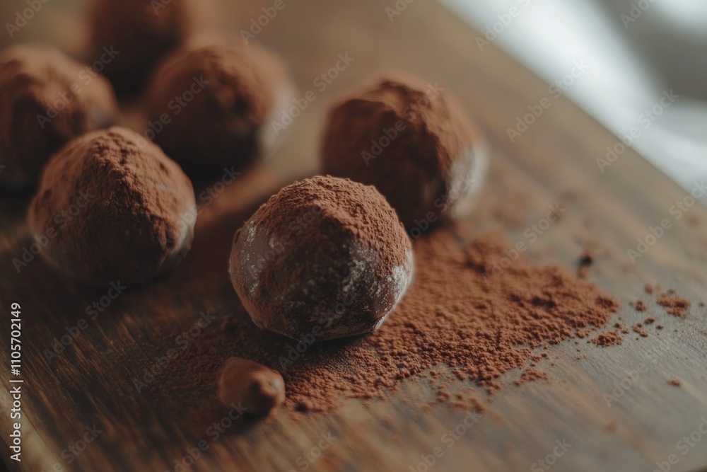 Poster a close-up of five rich and velvety chocolate truffles generously dusted with cocoa powder, resting 