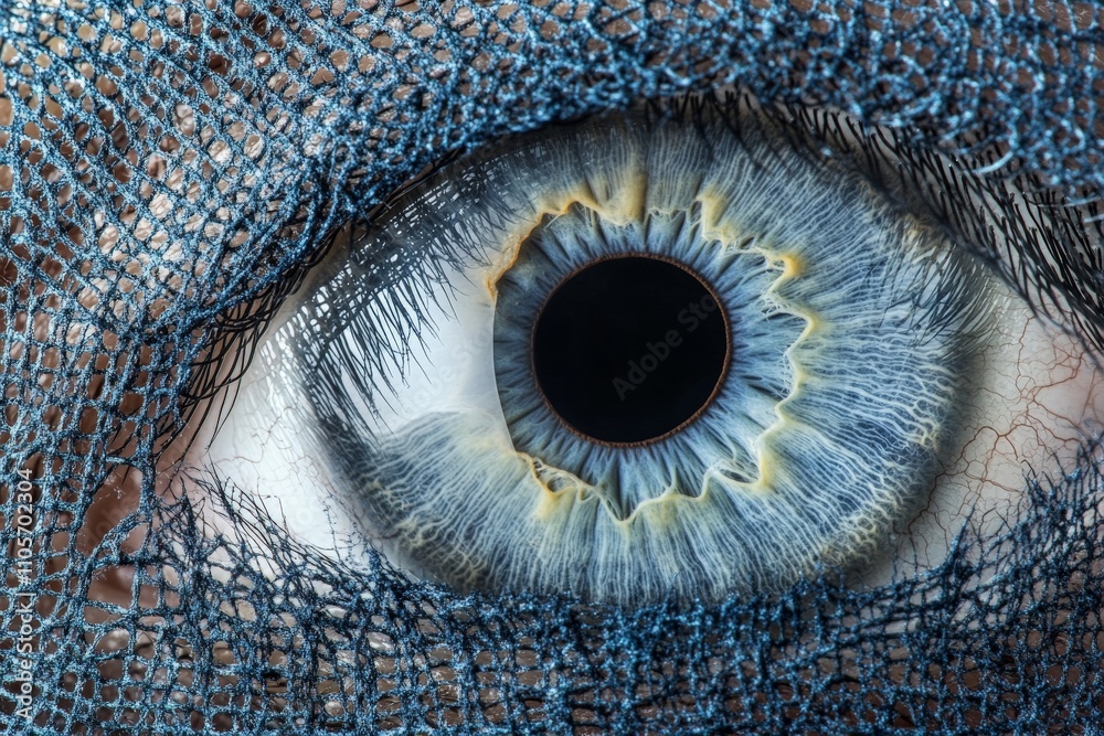 Poster A stunning macro photograph of a human eye with an intricate net overlay, highlighting the detailed patterns and vibrant colors of the iris.