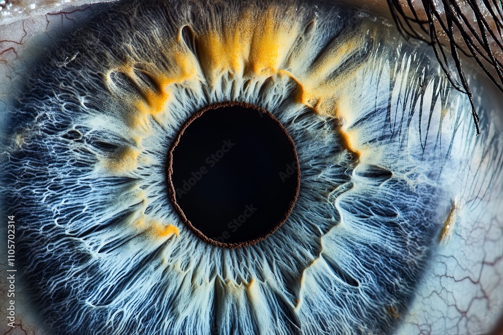 Poster A mesmerizing macro image of a human eye that showcases the intricate patterns and vivid hues of the iris, symbolizing perception and human nature.