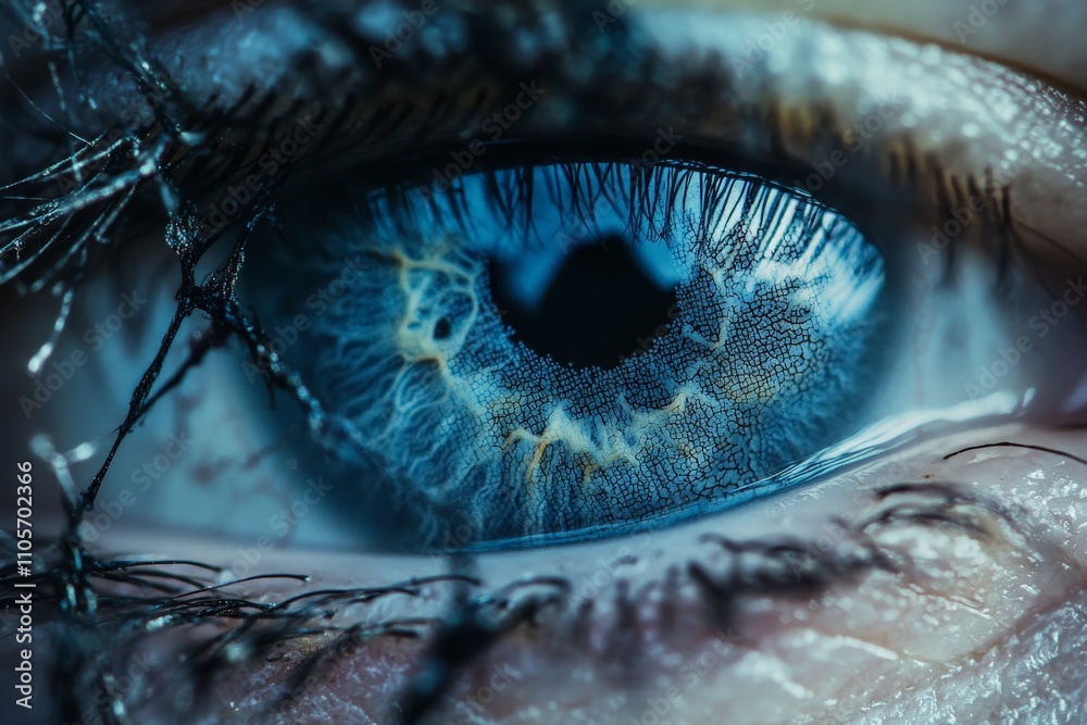 Poster a stunning macro photograph showcasing the intricate pattern and vivid colors of a human iris, featu