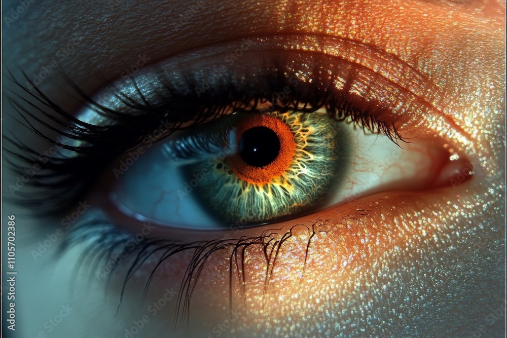 Poster in this image, an eye gleams as it catches a bright light source, creating an interplay of shadows a