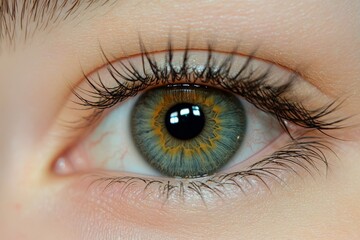 Obraz premium A detailed macro photograph of the human eye showcasing vivid green hues, beautifully detailed eyelashes, and reflections that draw in the viewer's attention.