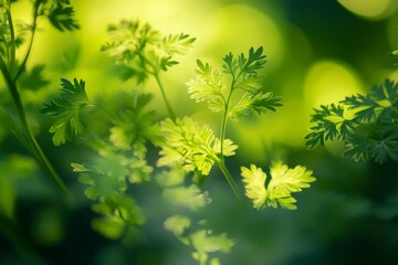 Obraz premium The coriander leaves are bathed in gentle sunlight, creating a visual narrative of freshness and nature's delicate beauty in lush green hues.