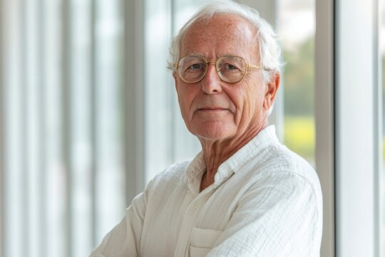 retirement portrait, bright celebratory portrait of a retiree in a modern setting, on a white backdrop with plenty of room